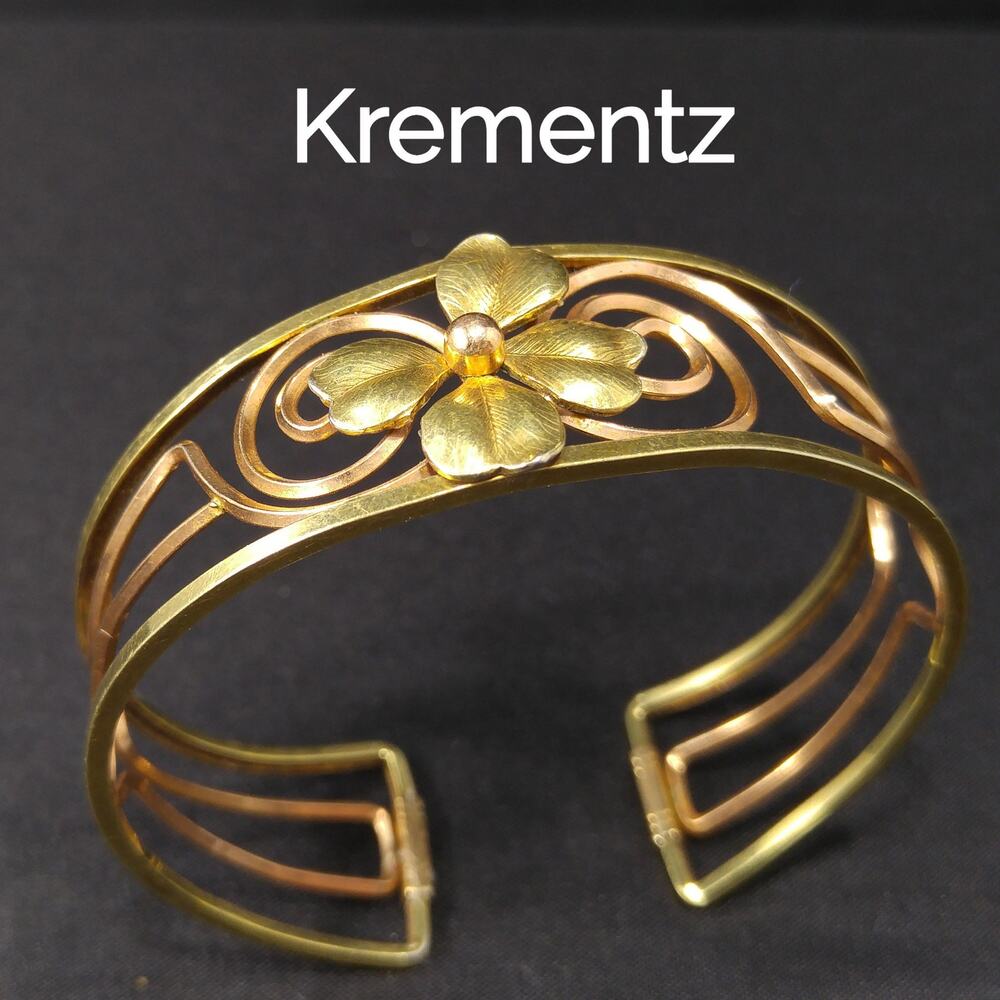 Krementz 14K Rolled Gold Overlay Cuff Bracelet Openwork Gold Clover Signed